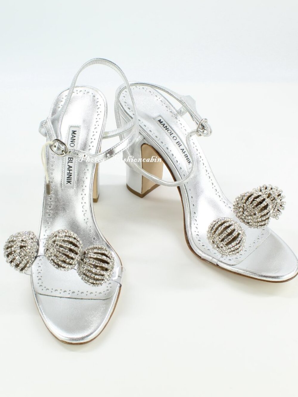 NEW MANOLO BLAHNIK Elhob 105 Crystal Embellish PVC Metallic Leather Sandal, EU39